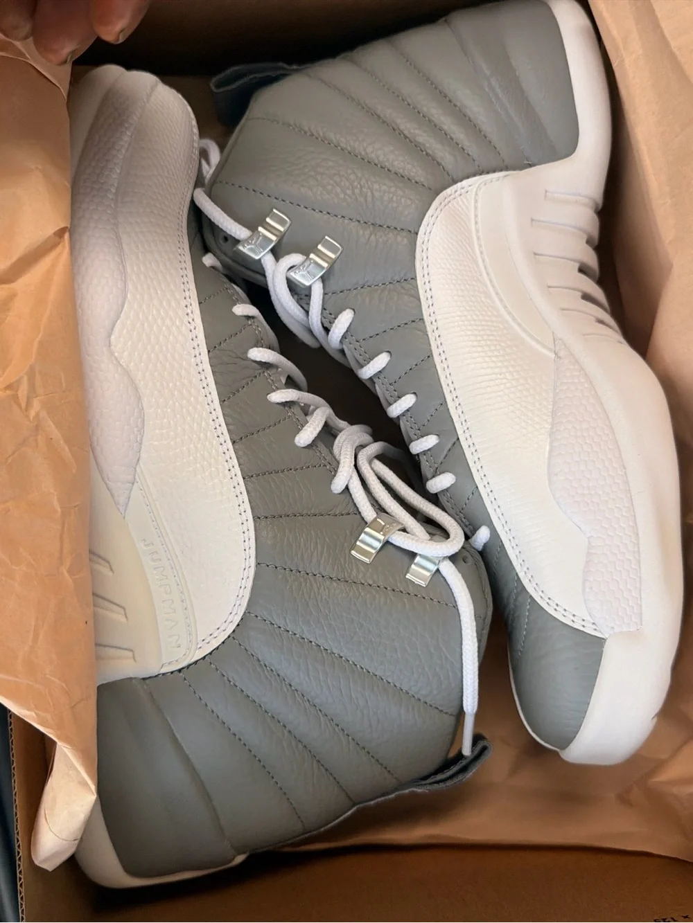 Men's Grey and White Jordan 12 Basketball Sneakers